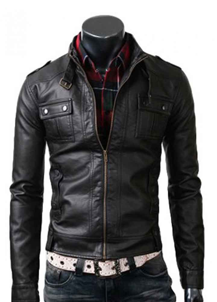 MENS STRAP POCKET BLACK LEATHER JACKET